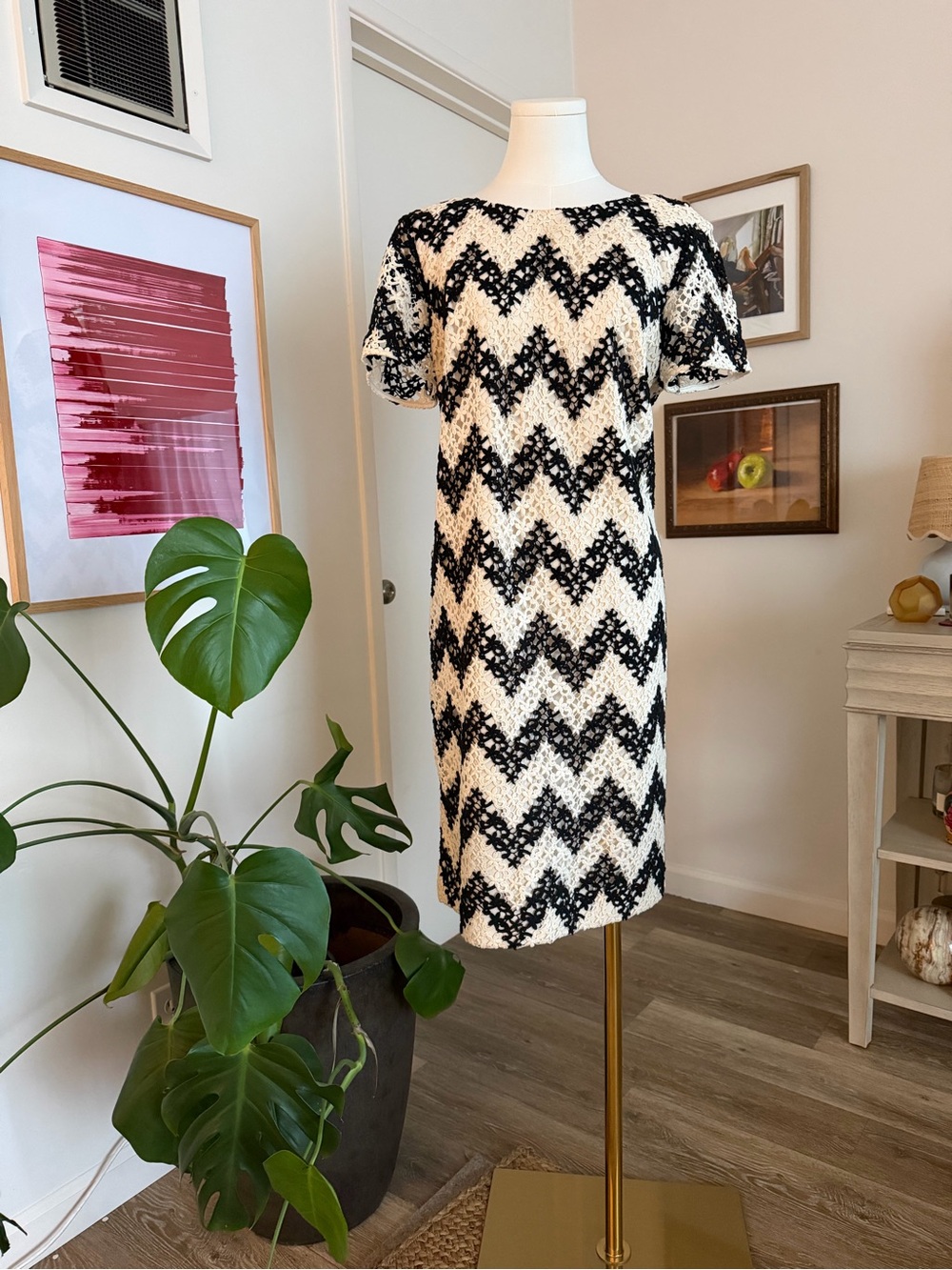 Talbots Black and White Chevron Lace Midi Dress